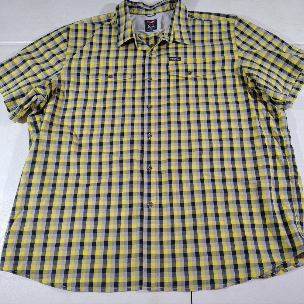 Wrangler Shirt Men 3XL Yellow /Black Plaid Farmer Cowboy Western Short Sleeve